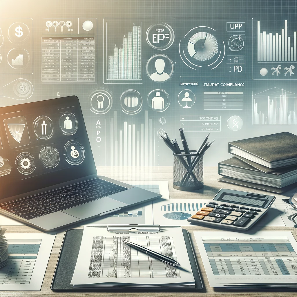 A professional illustration of bookkeeping and payroll services, featuring a desk setup with a laptop, spreadsheets, financial reports, and calculators. The image shows organized financial data, employees' salary records, and symbols for statutory compliance like EPF and TDS. The setting is a modern corporate workspace with soft lighting, emphasizing professionalism and precision, without any text elements.
