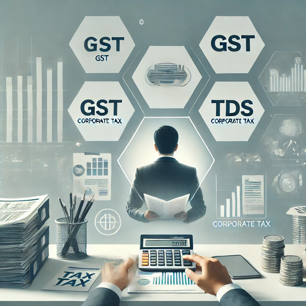 A professional illustration showing tax-related services, featuring documents, charts, and calculators on a desk with a person reviewing financial data. The setting is a clean, modern office with soft lighting, emphasizing clarity and professionalism. The icons for GST, TDS, and corporate tax are subtly displayed in the background.